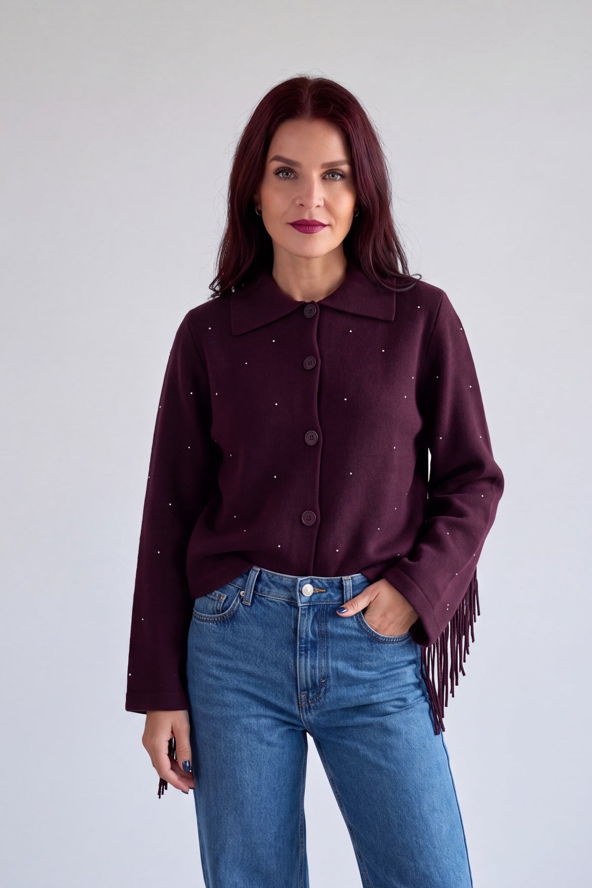 CARRIE FRINGE CARDIGAN - BURGUNDY