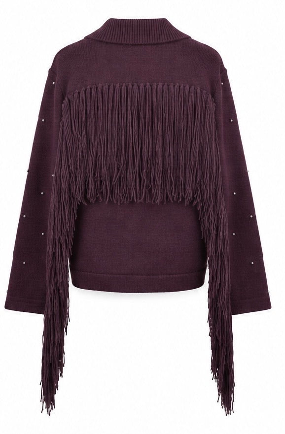 CARRIE FRINGE CARDIGAN - BURGUNDY