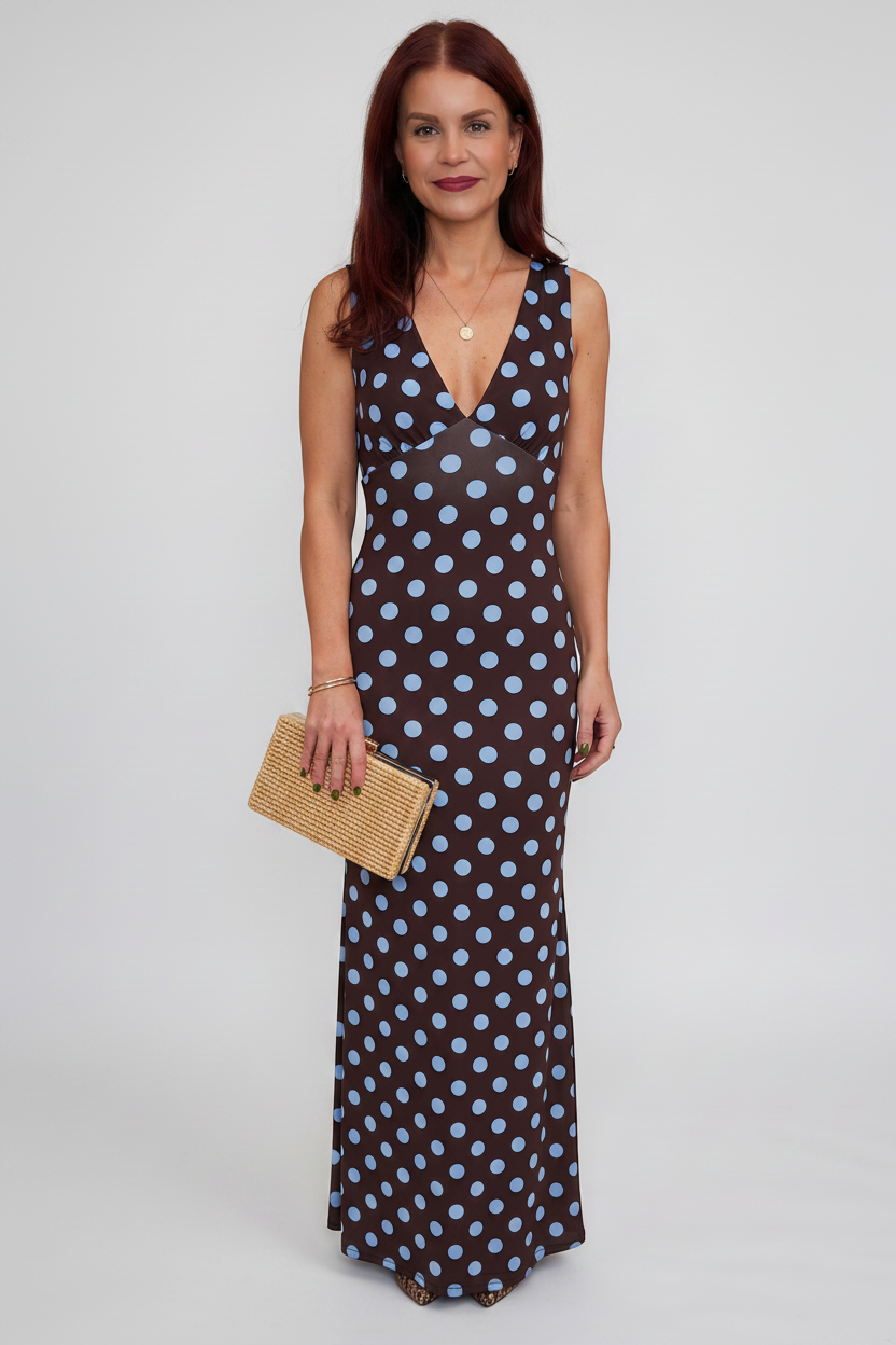 NINA POLKA DOT DRESS - BROWN / BLUE