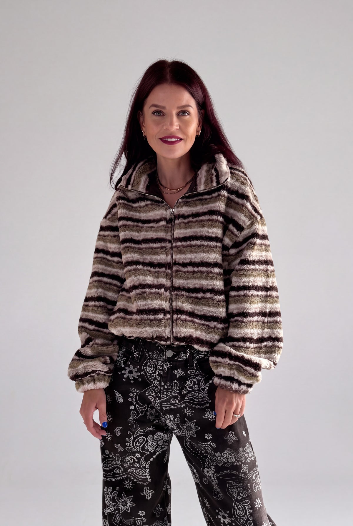 GROOVE FLEECE CARDIGAN - BROWN/GREEN