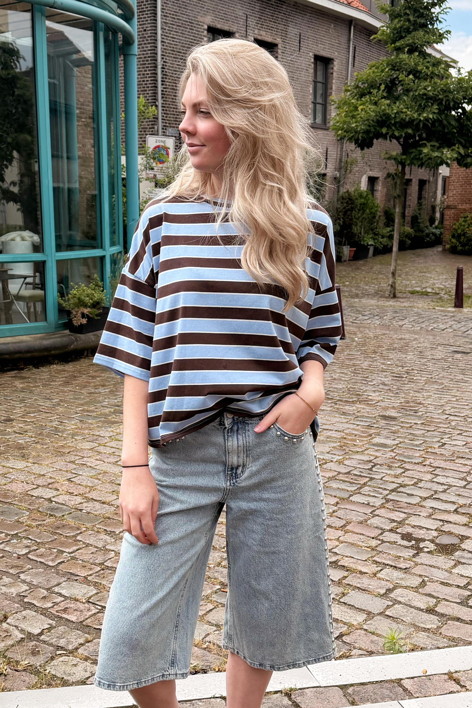 RAVI STRIPED BOW TEE - BROWN/BLUE