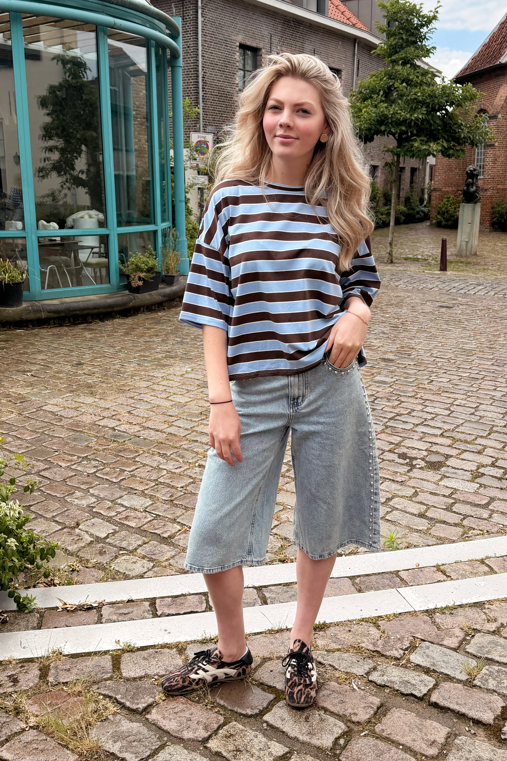 RAVI STRIPED BOW TEE - BROWN/BLUE