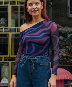 JUNIPER OFFSHOULDER MESH TOP - BLUE/PINK