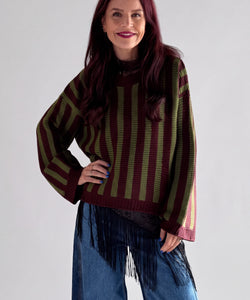 LIME STRIPED PULLOVER - FUDGE/GREEN