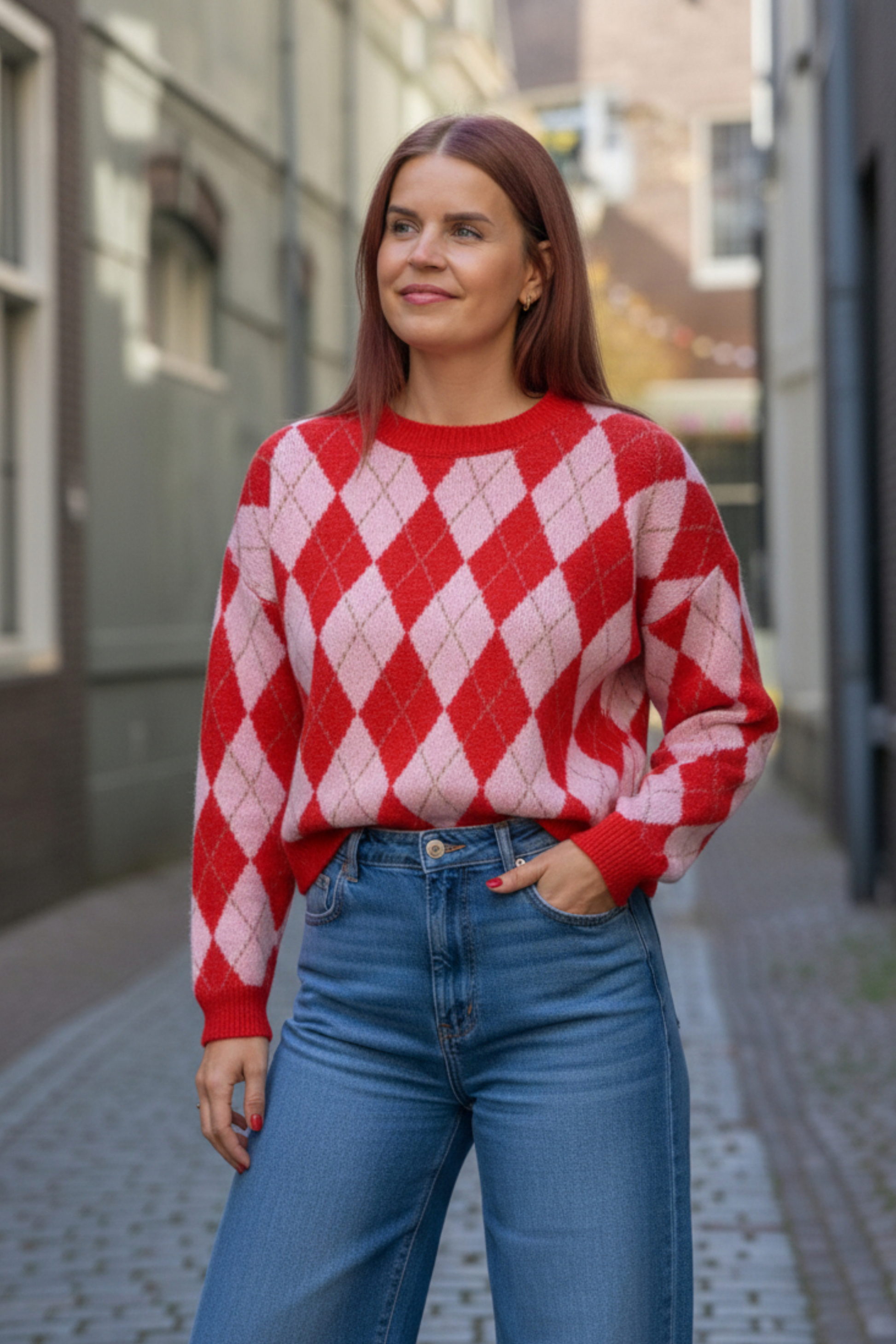 LYKKE DIAMOND KNIT - RED/PINK