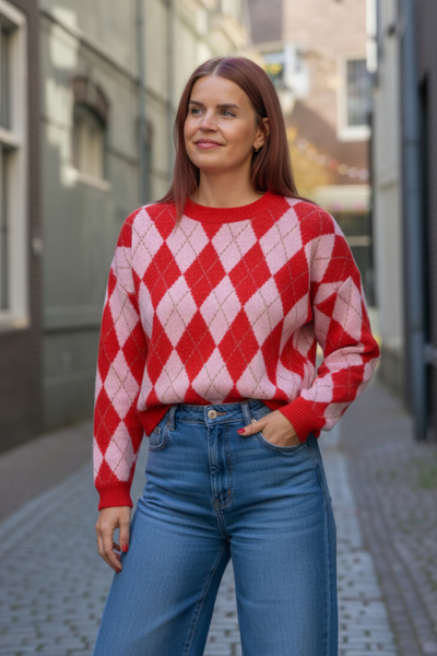 LYKKE DIAMOND KNIT - RED/PINK