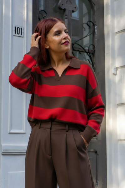 MAISON STRIPED POLO - BROWN/RED
