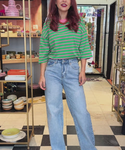LULU STRIPED BOW TEE - GREEN/PINK