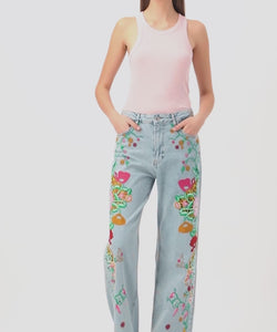 EMBROIDERY STRAIGHT JEANS - CUTWORK FLORAL BLUE