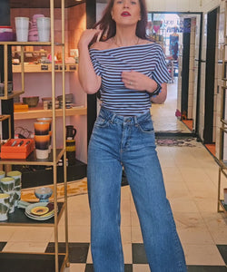 ROMIJN STRIPED OFF SHOULDER TEE - BROWN/BLUE