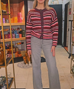 ROSEY STRIPED CARDIGAN - BORDEAUX