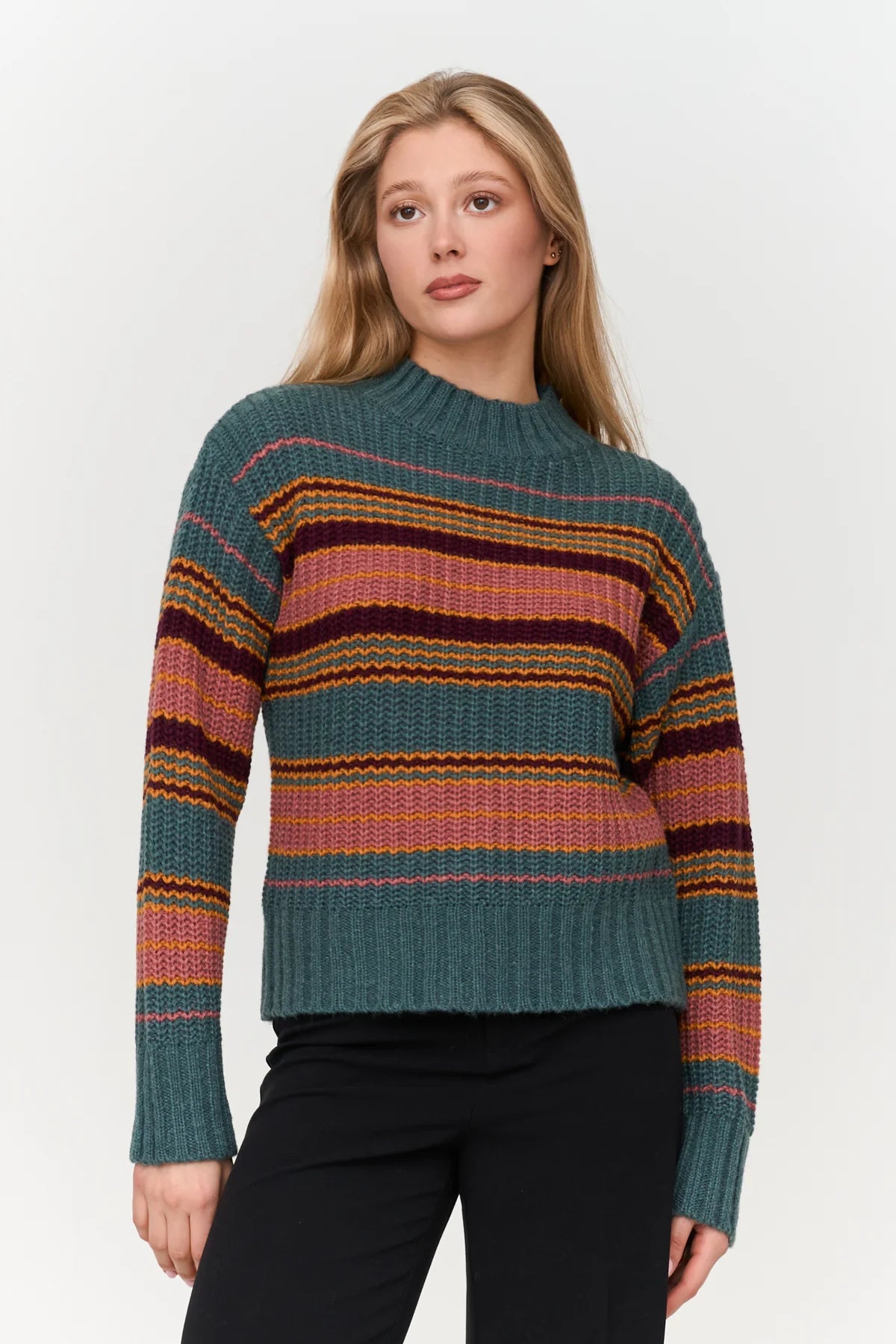 TURTLENECK STRIPE KNIT PULLOVER - GREEN