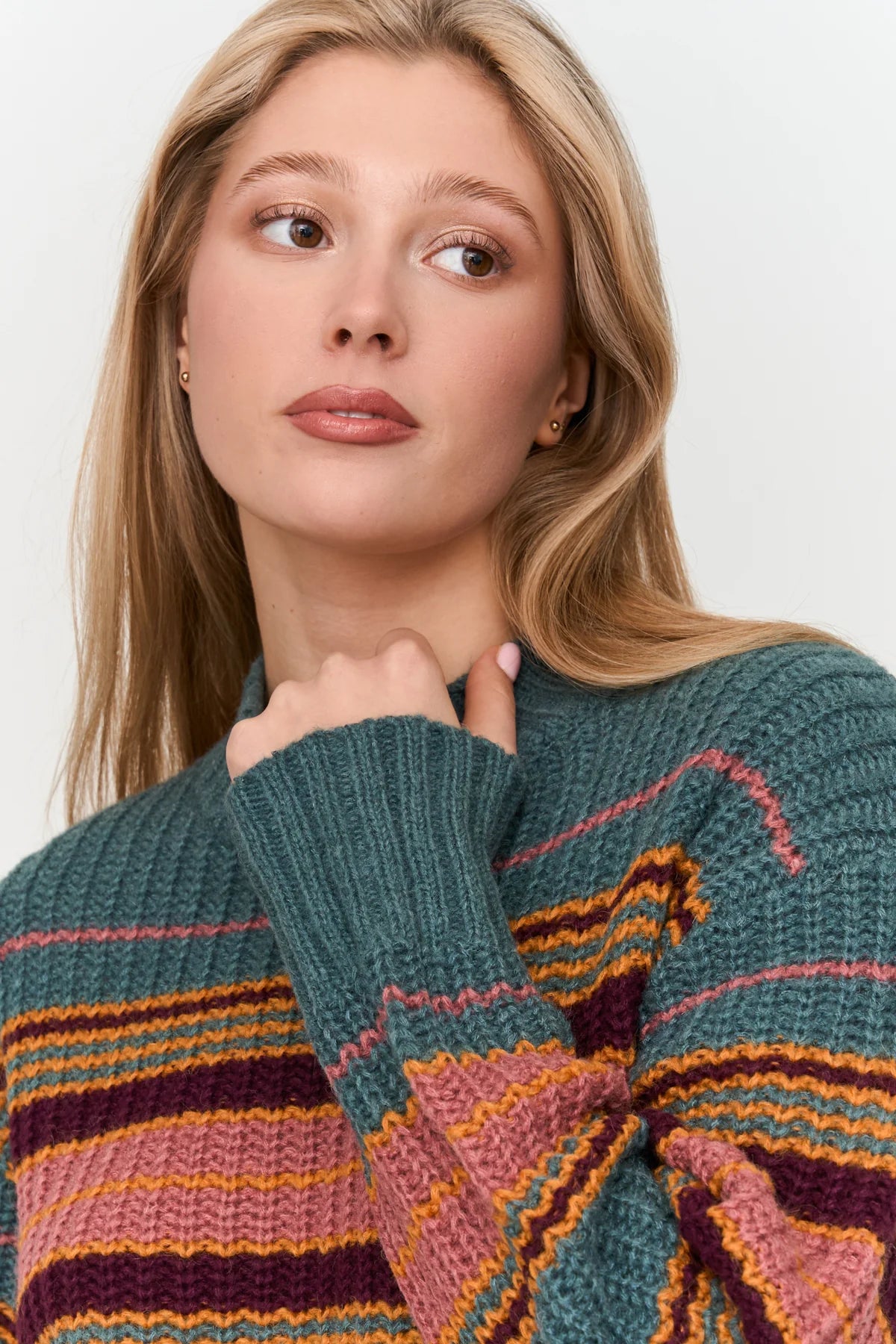 TURTLENECK STRIPE KNIT PULLOVER - GREEN