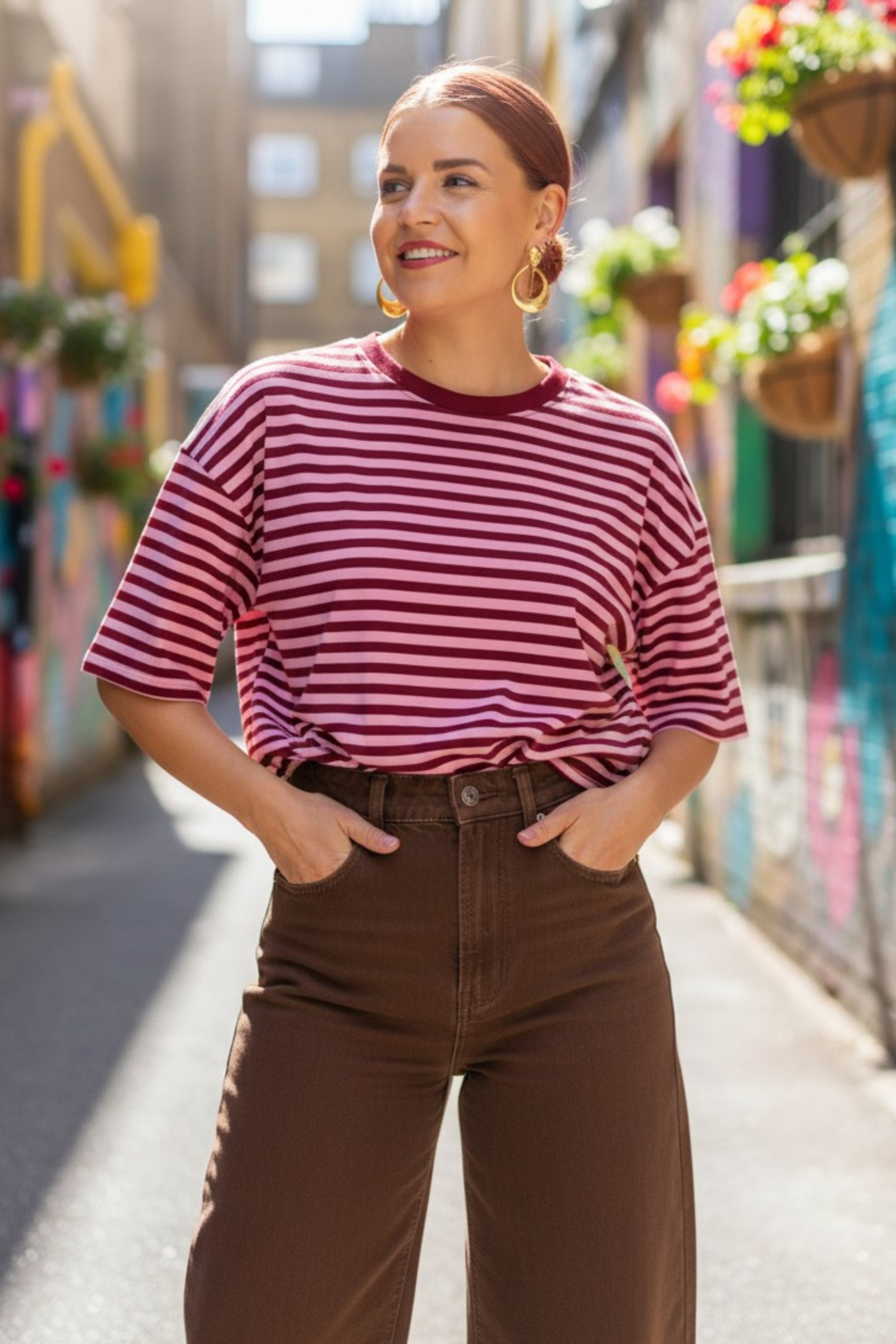 SAMMIE SS STRIPED TEE - BORDEAUX/PINK