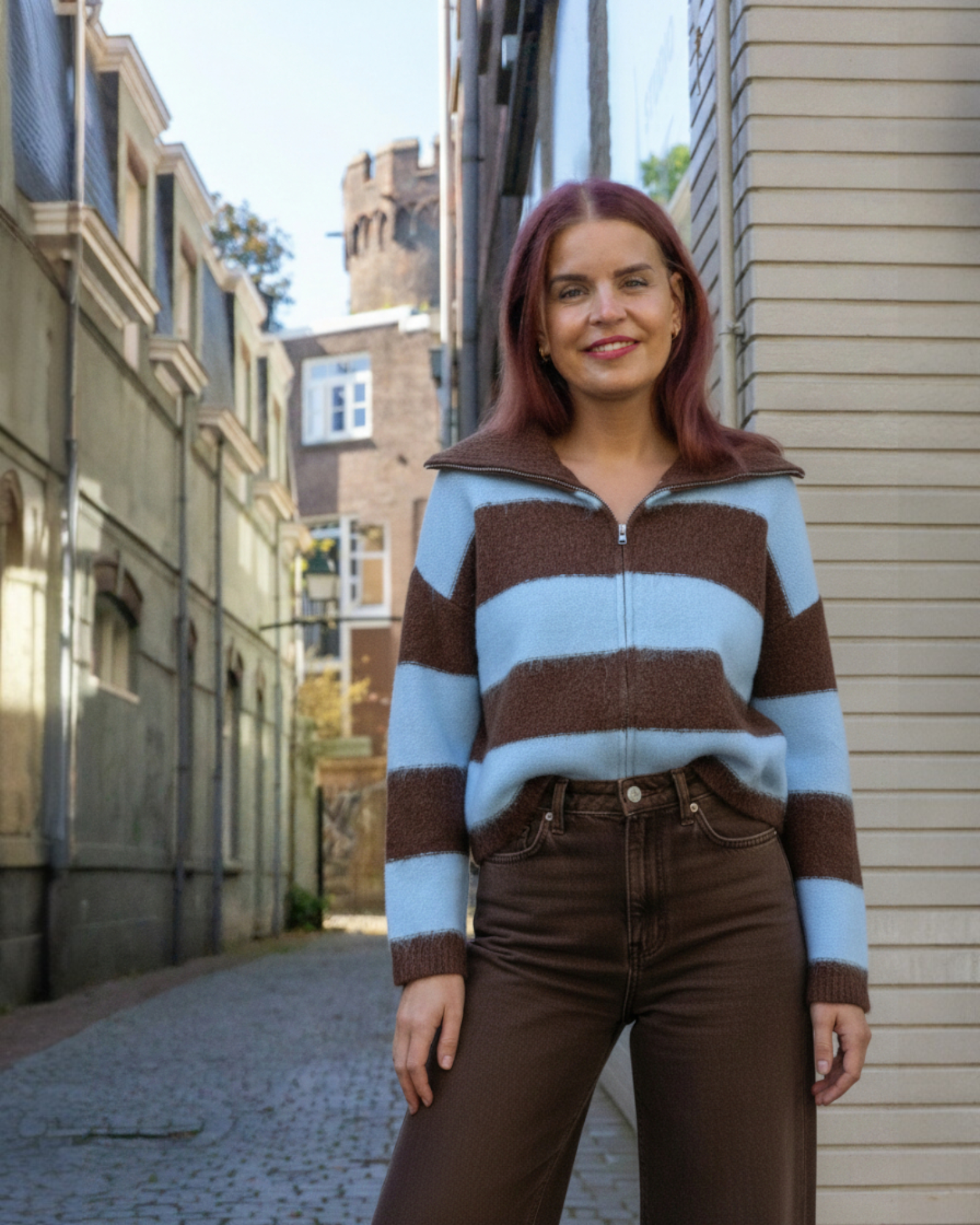 TESS STRIPED ZIPPER CARDIGAN - BROWN/BLUE